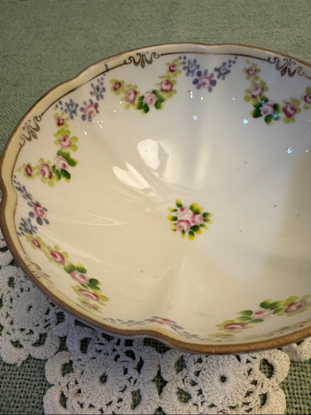 Vintage Nippon Porcelain Footed White Bowl with Pink, Green & gold-like accents